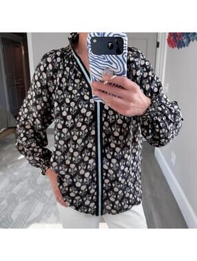 Rungolee Floral Patterned Silk  Blouse | Blue Trim Size M